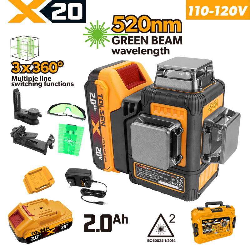 TOLSEN 20V cordless 3x360 green laser level full kit specifically for North America, featuring a 110-120V charger, 520nm wavelength high-visibility green beam, a 2.0Ah battery, and accessories.