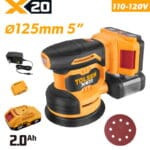 TOLSEN 20V cordless 5-inch random orbital sander full kit specifically configured for North America, featuring a 110-120V wall charger, a 2.0Ah battery, dust collector, and sanding pad.