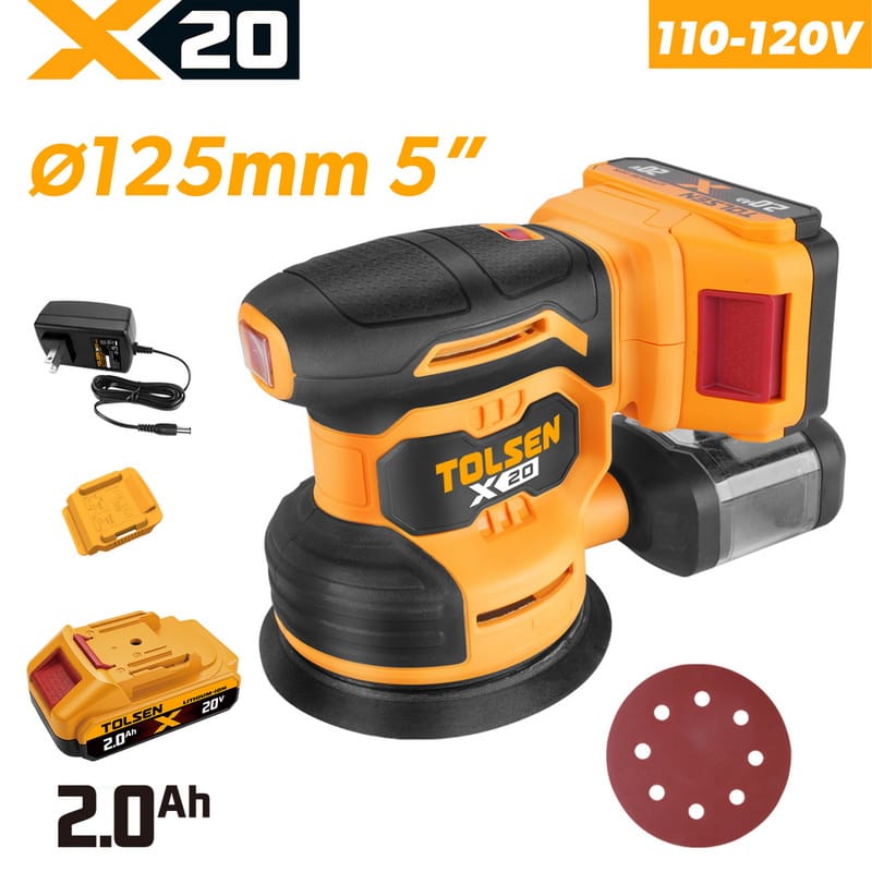 TOLSEN 20V cordless 5-inch random orbital sander full kit specifically configured for North America, featuring a 110-120V wall charger, a 2.0Ah battery, dust collector, and sanding pad.