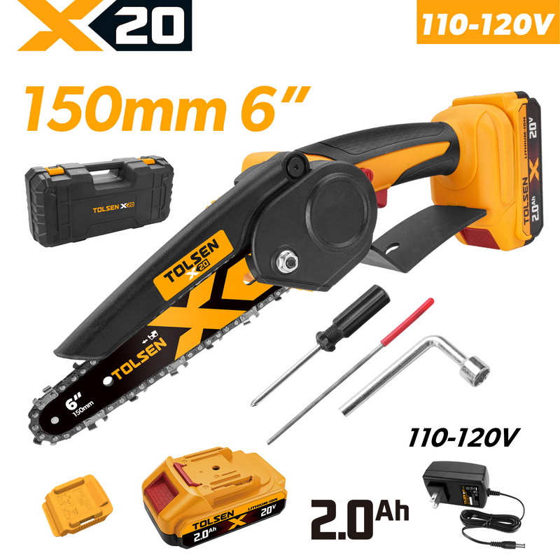 TOLSEN 20V X20 Cordless 6" Chain Saw 110-120V Kit with 2.0Ah Battery, US Charger, and Case