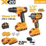 TOLSEN 20V cordless power tool combo kit specifically for North America, including a 35Nm drill, a 400Nm brushless impact wrench, two 2.0Ah batteries, a 110-120V wall charger, and a carrying bag.
