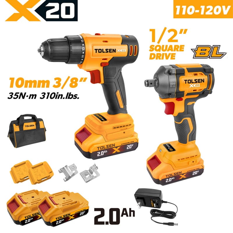 TOLSEN 20V cordless power tool combo kit specifically for North America, including a 35Nm drill, a 400Nm brushless impact wrench, two 2.0Ah batteries, a 110-120V wall charger, and a carrying bag.
