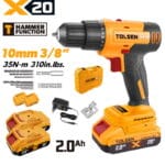 Complete TOLSEN 20V cordless hammer drill kit featuring 35Nm max torque, displayed with two 2.0Ah batteries, wall charger, belt clip, accessory drill bits, and a hard storage case.