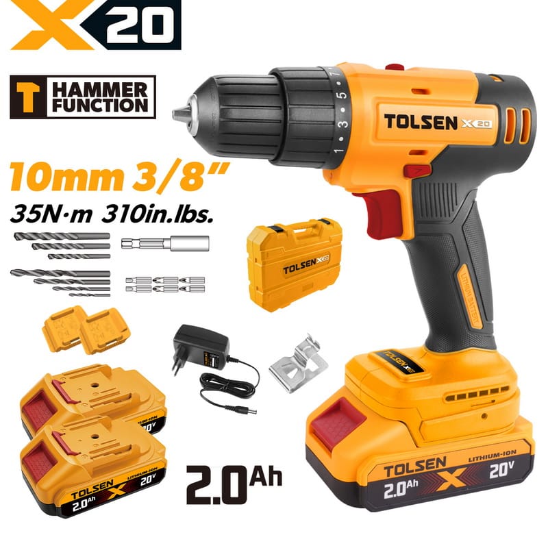Complete TOLSEN 20V cordless hammer drill kit featuring 35Nm max torque, displayed with two 2.0Ah batteries, wall charger, belt clip, accessory drill bits, and a hard storage case.