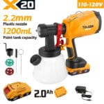 TOLSEN 20V cordless paint spray gun full kit specifically designed for North America, featuring a 110-120V charger, a 2.0Ah battery, a 1200mL tank, and a 2.2mm nozzle.