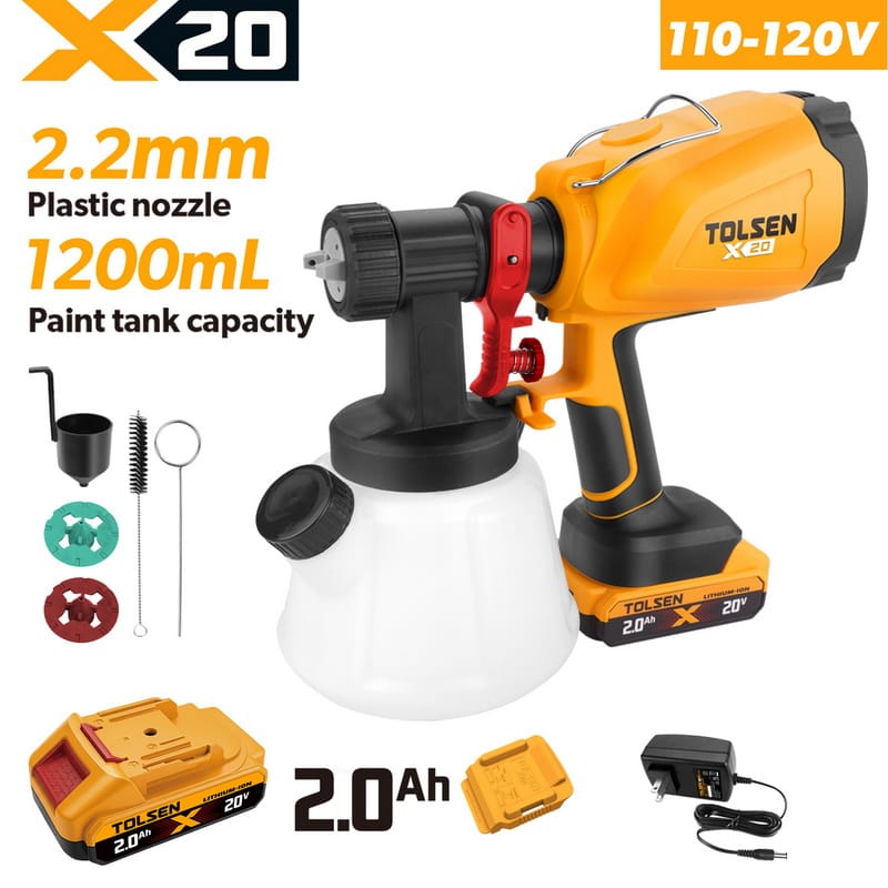 TOLSEN 20V cordless paint spray gun full kit specifically designed for North America, featuring a 110-120V charger, a 2.0Ah battery, a 1200mL tank, and a 2.2mm nozzle.