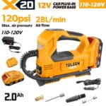 TOLSEN 20V cordless dual-power tire inflator full kit specifically for North America, featuring a 110-120V wall charger, a 2.0Ah battery, 12V car cord, and nozzles.