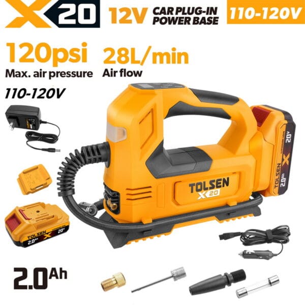 TOLSEN 20V cordless dual-power tire inflator full kit specifically for North America, featuring a 110-120V wall charger, a 2.0Ah battery, 12V car cord, and nozzles.