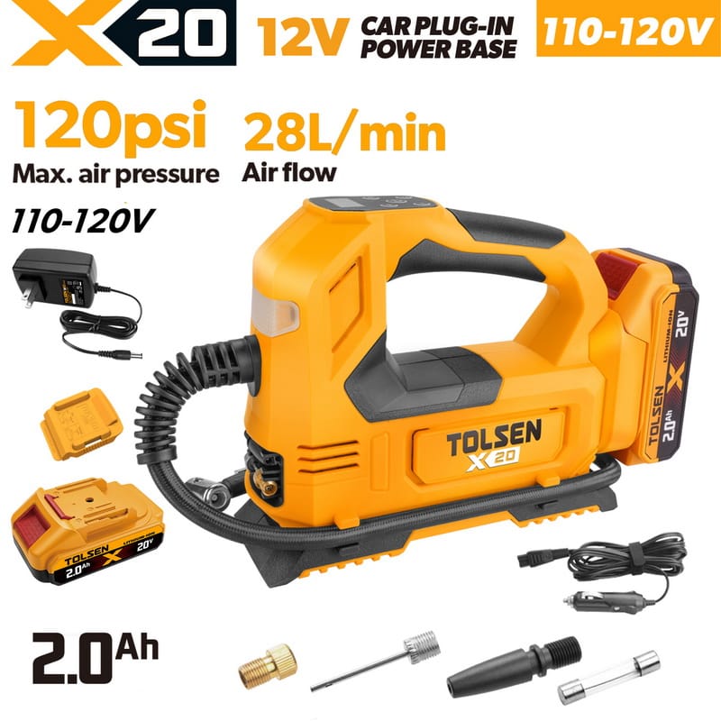 TOLSEN 20V cordless dual-power tire inflator full kit specifically for North America, featuring a 110-120V wall charger, a 2.0Ah battery, 12V car cord, and nozzles.