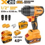Tolsen X20 20V brushless cordless 1/2 inch impact wrench set with 110-120V charger, two 4.0Ah batteries, impact sockets, and carrying case.