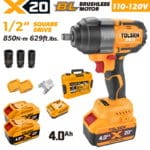 Tolsen X20 20V brushless cordless 1/2 inch impact wrench set with 110-120V charger, two 4.0Ah batteries, impact sockets, and carrying case.