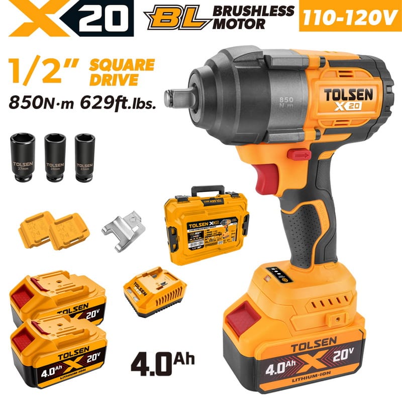 Tolsen X20 20V brushless cordless 1/2 inch impact wrench set with 110-120V charger, two 4.0Ah batteries, impact sockets, and carrying case.