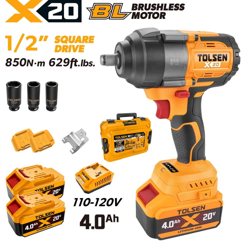 Tolsen X20 20V brushless cordless 1/2 inch impact wrench set with 110-120V charger, two 4.0Ah batteries, impact sockets, and carrying case.