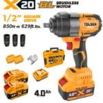 Tolsen X20 20V brushless cordless 1/2 inch impact wrench kit with two 4.0Ah batteries, charger, sockets, and case.