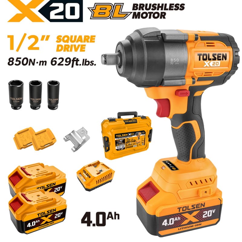 Tolsen X20 20V brushless cordless 1/2 inch impact wrench kit with two 4.0Ah batteries, charger, sockets, and case.