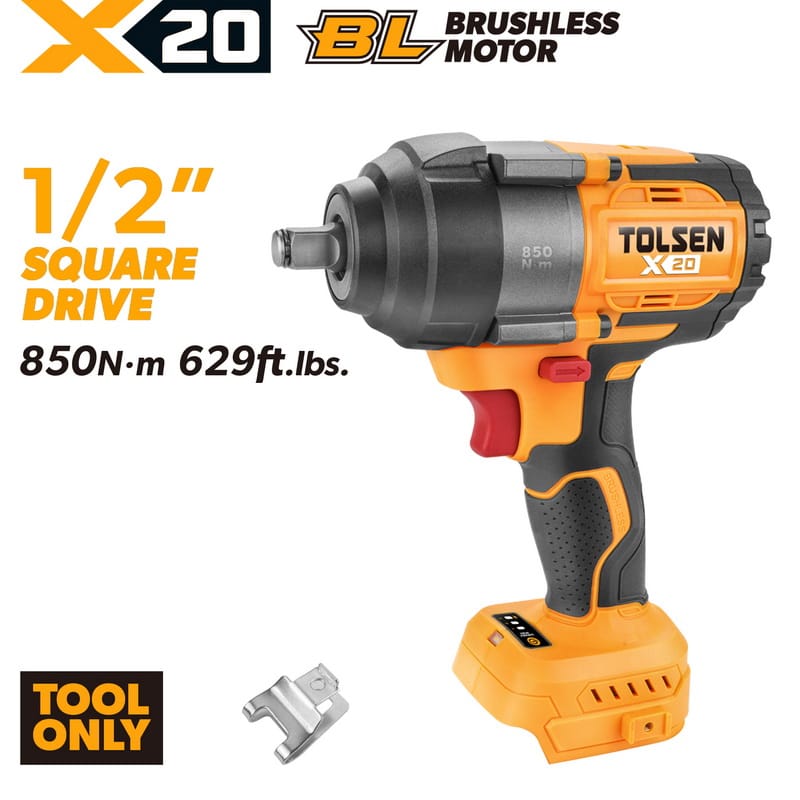 Tolsen X20 20V brushless cordless 1/2 inch drive impact wrench bare tool only with belt clip.