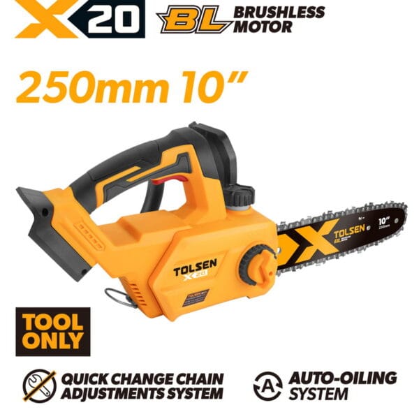 TOLSEN 20V X20 Brushless Cordless 10" (250mm) Chain Saw with Auto-Oiling System - Bare Tool Only