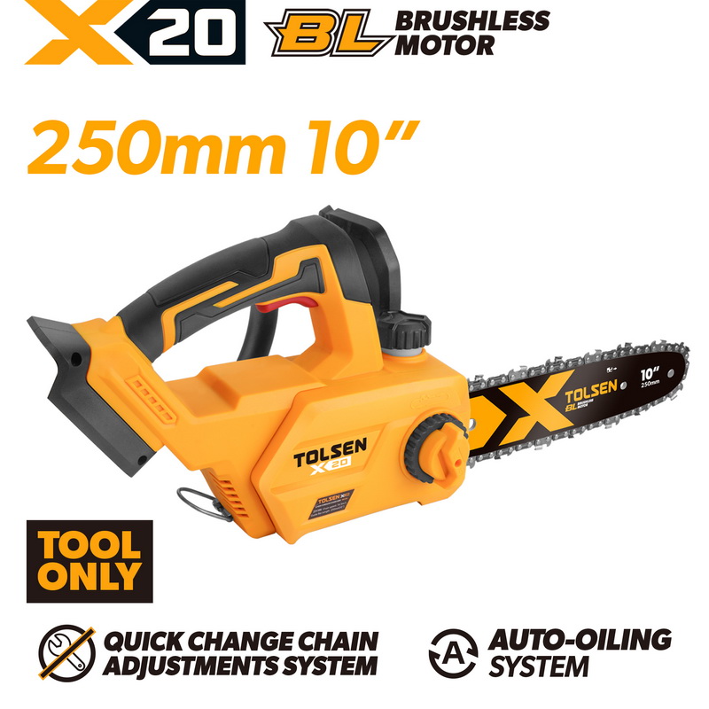 TOLSEN 20V X20 Brushless Cordless 10" (250mm) Chain Saw with Auto-Oiling System - Bare Tool Only