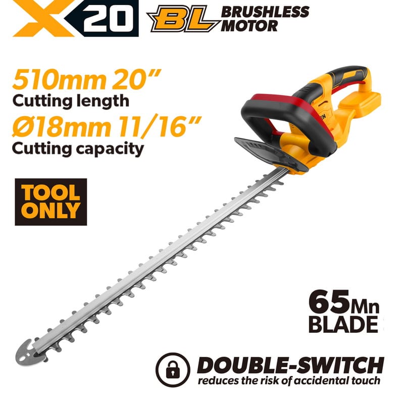 TOLSEN 20V X20 Brushless Cordless 20" (51cm) Hedge Trimmer with 65Mn Blade - Bare Tool Only