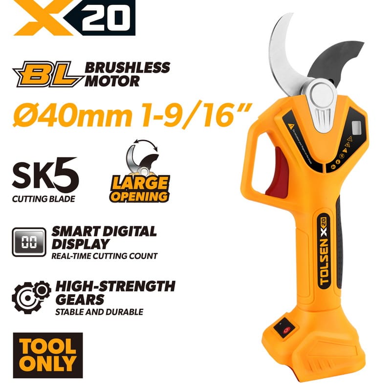 TOLSEN 20V X20 Brushless Cordless Pruning Shears with Smart Digital Display - Bare Tool Only