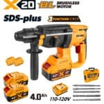 Tolsen X20 20V brushless cordless SDS-plus rotary hammer set with 110-120V charger, two 4.0Ah batteries, drill bits, chisels, and carrying case