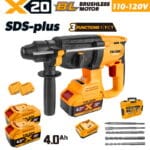 Tolsen X20 20V brushless cordless SDS-plus rotary hammer set with 110-120V charger, two 4.0Ah batteries, drill bits, chisels, and carrying case