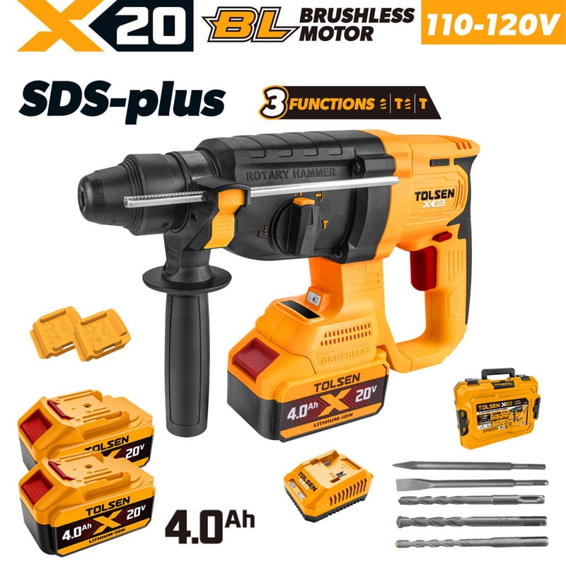 Tolsen X20 20V brushless cordless SDS-plus rotary hammer set with 110-120V charger, two 4.0Ah batteries, drill bits, chisels, and carrying case