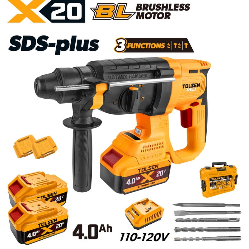 Tolsen X20 20V brushless cordless SDS-plus rotary hammer set with 110-120V charger, two 4.0Ah batteries, drill bits, chisels, and carrying case