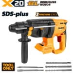 Tolsen X20 20V brushless cordless SDS-plus rotary hammer bare tool with auxiliary handle, depth gauge, 3 drill bits, and 2 chisels