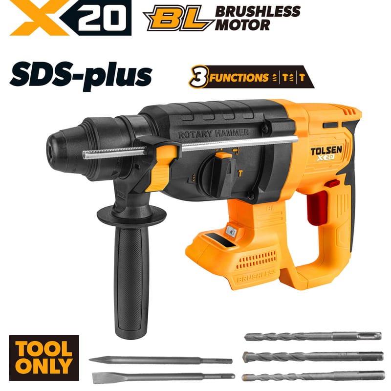 Tolsen X20 20V brushless cordless SDS-plus rotary hammer bare tool with auxiliary handle, depth gauge, 3 drill bits, and 2 chisels