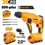 Tolsen X20 20V cordless SDS-plus rotary hammer set with 110-120V charger, two 2.0Ah batteries, 3 drill bits, and carrying case