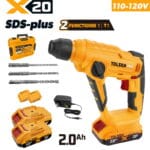 Tolsen X20 20V cordless SDS-plus rotary hammer set with 110-120V charger, two 2.0Ah batteries, 3 drill bits, and carrying case