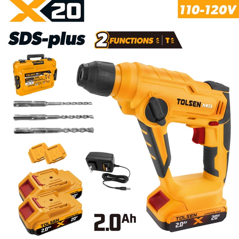 Tolsen X20 20V cordless SDS-plus rotary hammer set with 110-120V charger, two 2.0Ah batteries, 3 drill bits, and carrying case