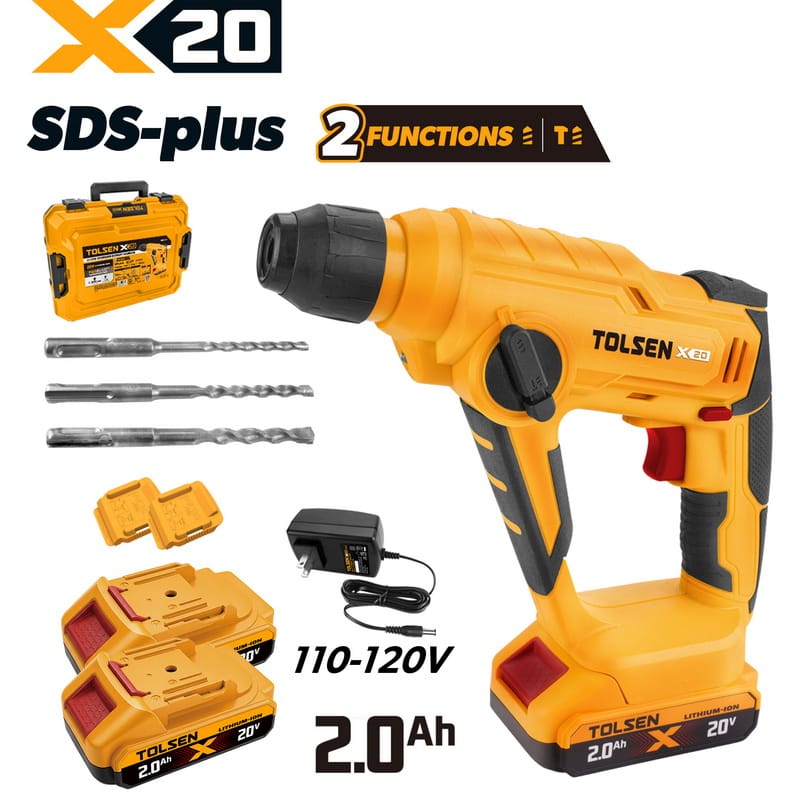 Tolsen X20 20V cordless SDS-plus rotary hammer set with 110-120V charger, two 2.0Ah batteries, 3 drill bits, and carrying case
