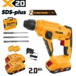 Tolsen X20 20V cordless SDS-plus rotary hammer kit with two 2.0Ah batteries, charger, 3 drill bits, and carrying case.