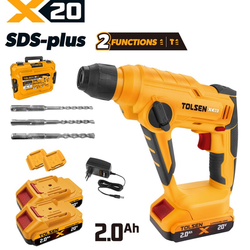 Tolsen X20 20V cordless SDS-plus rotary hammer kit with two 2.0Ah batteries, charger, 3 drill bits, and carrying case.