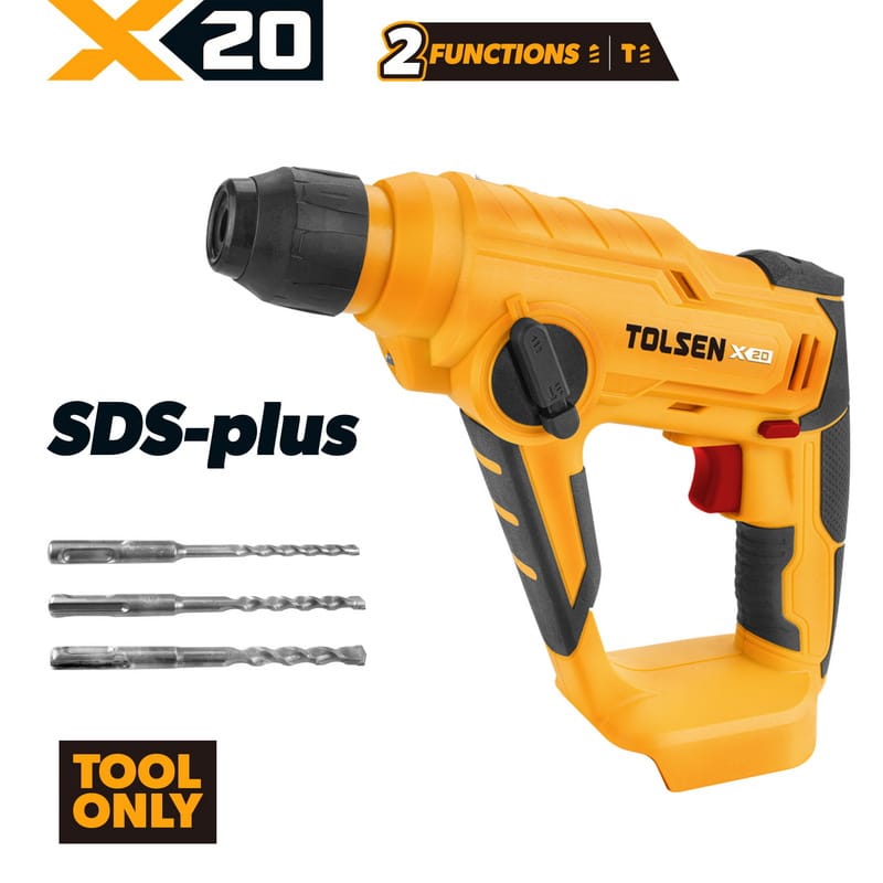Tolsen X20 20V cordless SDS-plus rotary hammer bare tool with 3 masonry drill bits.