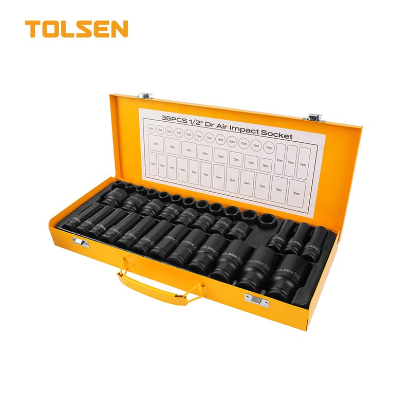 Open yellow metal storage case displaying the TOLSEN 35-piece 1/2-inch square drive air impact socket set, featuring heavy-duty black sockets and a size layout diagram inside the lid.