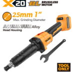 TOLSEN X20 20V brushless cordless 1/4-inch (6.35mm) die grinder bare tool, highlighting its durable aluminum alloy head housing, 1-inch max grinding diameter, and included wrench.