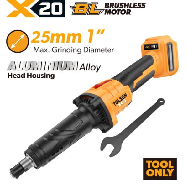 TOLSEN X20 20V brushless cordless 1/4-inch (6.35mm) die grinder bare tool, highlighting its durable aluminum alloy head housing, 1-inch max grinding diameter, and included wrench.