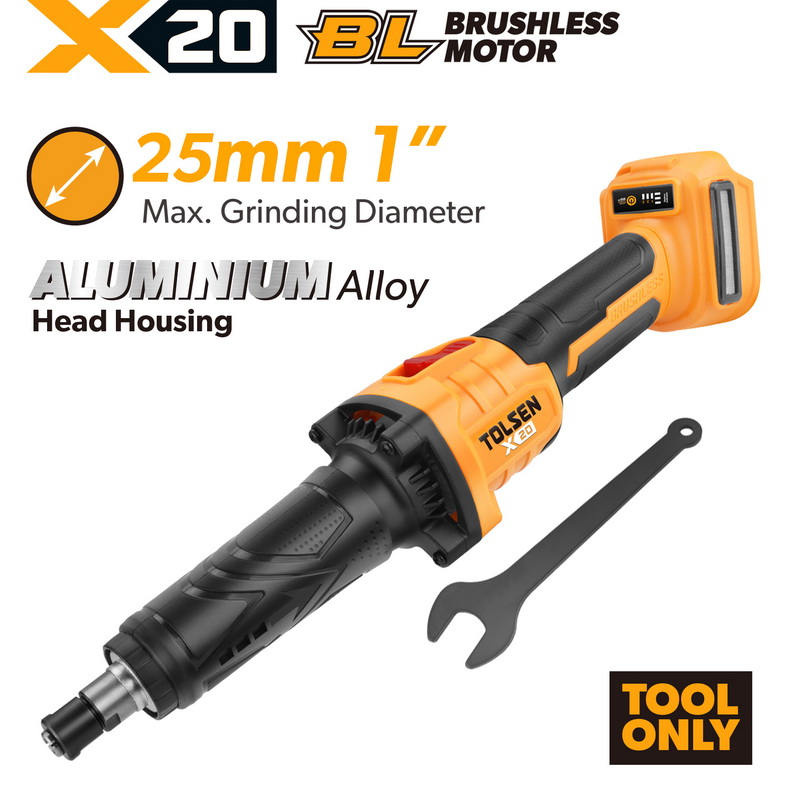 TOLSEN X20 20V brushless cordless 1/4-inch (6.35mm) die grinder bare tool, highlighting its durable aluminum alloy head housing, 1-inch max grinding diameter, and included wrench.