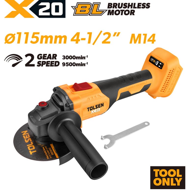 TOLSEN X20 20V brushless 4-1/2 inch (115mm) angle grinder bare tool, featuring an M14 spindle thread and 2-speed gear control.