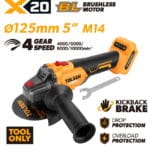 TOLSEN X20 20V brushless 125mm (5-inch) angle grinder bare tool, featuring an M14 spindle, 4-speed control, and advanced safety features like kickback and drop protection.