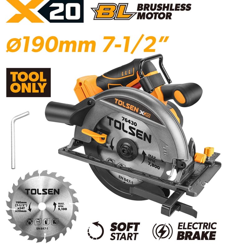TOLSEN X20 20V brushless cordless 190mm (7-1/2 inch) circular saw shown as a bare tool, highlighting advanced features like soft start, electric brake, and the included 24T cutting blade.