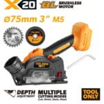 TOLSEN X20 20V brushless cordless 3-inch (75mm) mini cutting saw shown as a bare tool, highlighting its depth adjustment feature, dust port, and included blades for metal, stone, and wood.