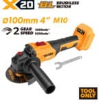 TOLSEN X20 20V brushless cordless 4-inch (100mm) angle grinder shown as a bare tool, highlighting the M10 spindle, 2-speed gear control, and side handle.