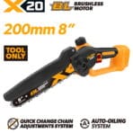 TOLSEN X20 20V Brushless Cordless 8-inch Chain Saw shown as a bare tool, highlighting features like the auto-oiling system and tool-free quick-change chain adjustment.