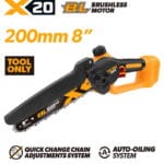 TOLSEN X20 20V Brushless Cordless 8-inch Chain Saw shown as a bare tool, highlighting features like the auto-oiling system and tool-free quick-change chain adjustment.
