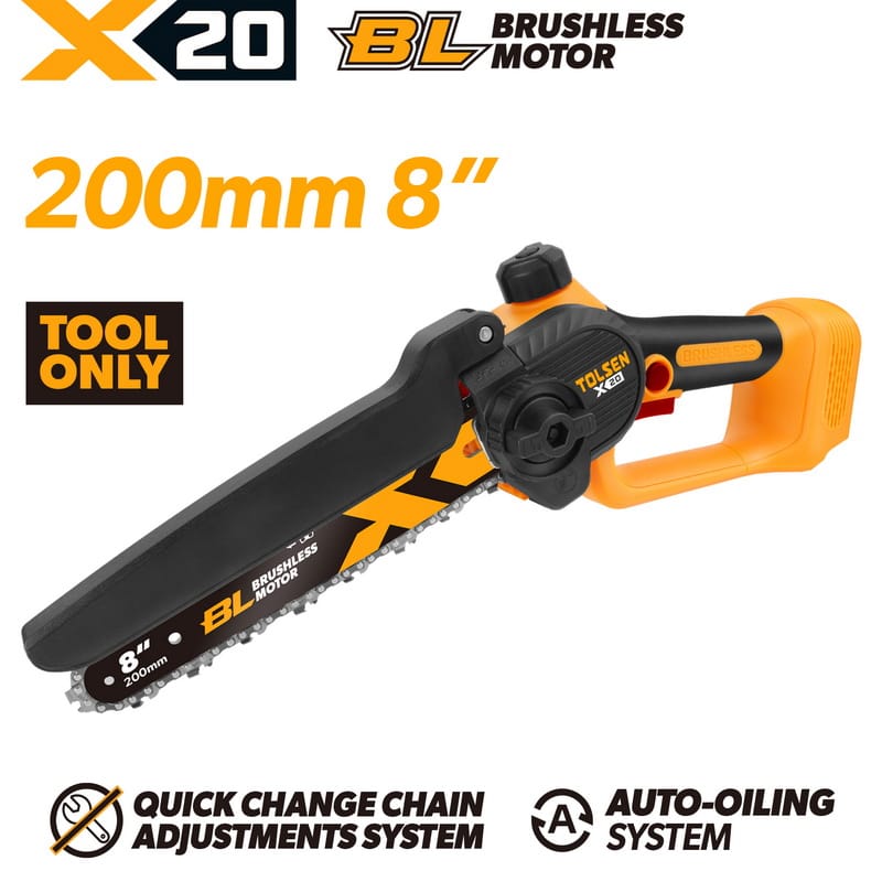 TOLSEN X20 20V Brushless Cordless 8-inch Chain Saw shown as a bare tool, highlighting features like the auto-oiling system and tool-free quick-change chain adjustment.