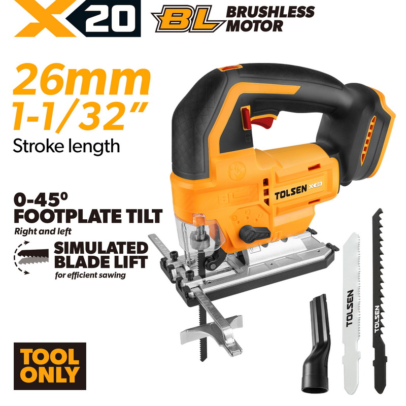 TOLSEN X20 20V brushless cordless jig saw bare tool, highlighting its 26mm stroke length, 0-45 degree bevel footplate, and simulated blade lift for efficient woodworking.